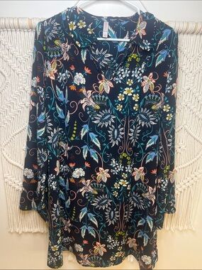 Floral Button-Front Tunic Dress in black with Multi-Color Blooms